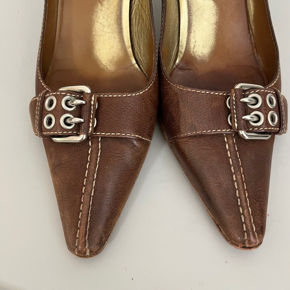 VTG Prada Brown Leather Pointed Toe Heels Buckle 38 Y2K Designer Quiet Luxury - Picture 4 of 9